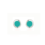 A pair of round stud earrings with a polished silver-tone bezel and a vibrant turquoise green center, displayed on a clean white background.