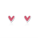 A pair of silver heart stud earrings with a pink enamel center, displayed on a clean white background with a subtle reflection below.