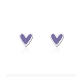 A pair of heart-shaped stud earrings with a light purple enamel center and a polished silver-tone border, displayed on a clean white background with a subtle reflection below.