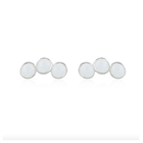 A pair of silver stud earrings, each featuring four small, oval white cabochon stones set in a polished silver bezel, displayed on a clean white background.