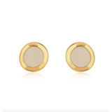 A pair of gold round stud earrings with a smooth, light beige or cream-colored center, displayed on a clean white background with a soft reflection underneath.