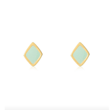A pair of gold diamond-shaped stud earrings with a light mint green inlay, set against a plain white background.