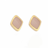 A pair of gold square stud earrings with a frosted pale pink center, shown on a plain white background.