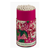 A cylindrical tin of rose-infused pasta, featuring a vibrant magenta-pink lid and a floral-patterned lower section with red, cream, and green botanical illustrations. The open top reveals the light beige pasta inside.
