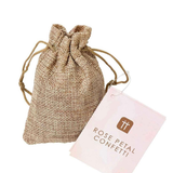 Jute bag with a pink card labeled 'Rose Petal Confetti' on a white background